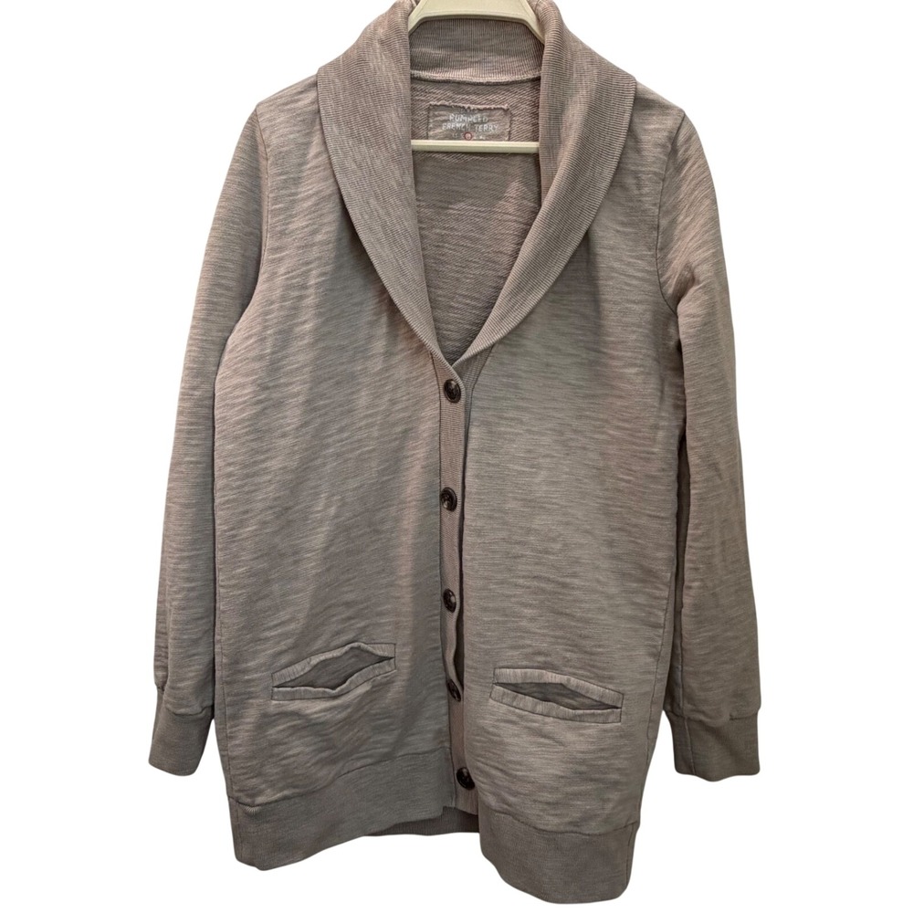 Rumpled French Terry Shawl Collar Cardigan Sweater Beige Cotton Womens M